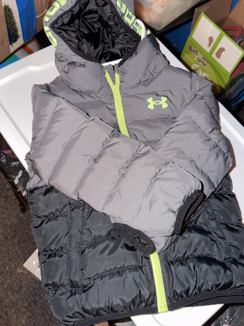 Under Armour Kids Gray & Black Puffer Jacket with Neon Lime Accents